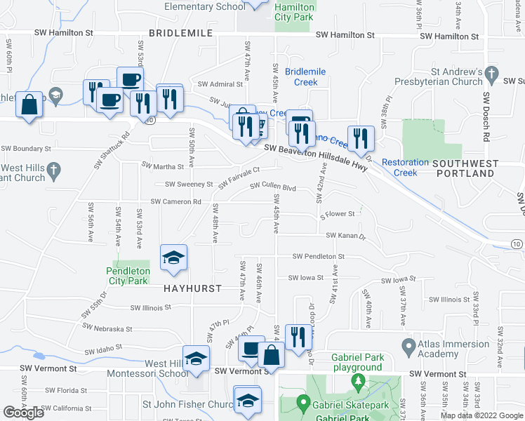map of restaurants, bars, coffee shops, grocery stores, and more near 4540 Southwest Cameron Road in Portland