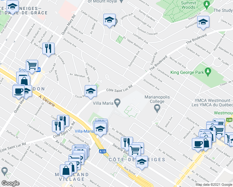 map of restaurants, bars, coffee shops, grocery stores, and more near 4900 Chemin de la Côte Saint Luc in Montréal
