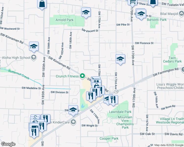 map of restaurants, bars, coffee shops, grocery stores, and more near 17695 Southwest Kinnaman Road in Aloha