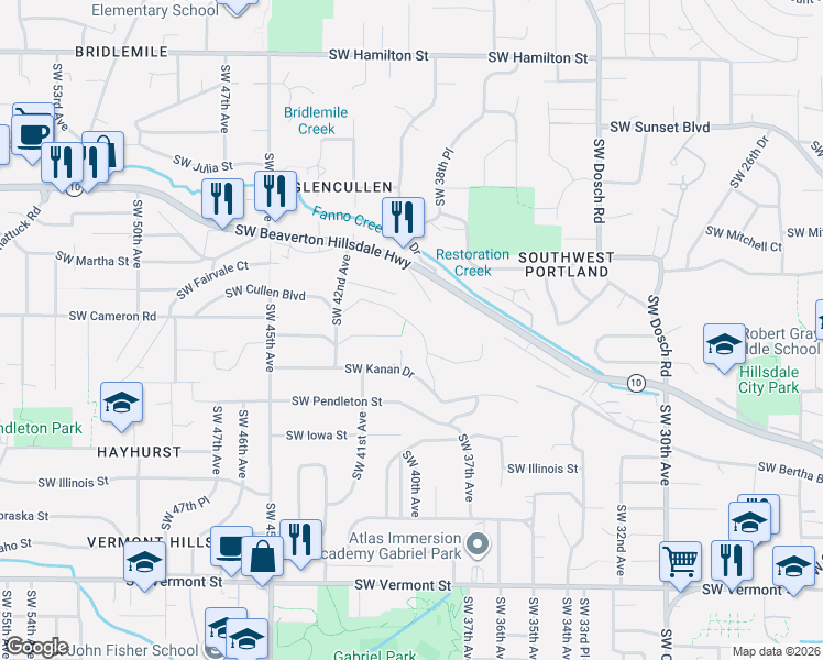 map of restaurants, bars, coffee shops, grocery stores, and more near 3946 Southwest Cullen Boulevard in Portland