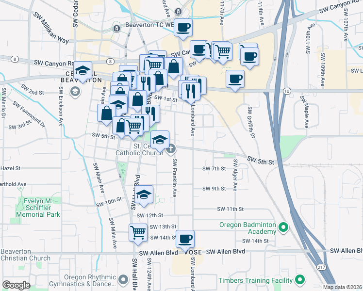 map of restaurants, bars, coffee shops, grocery stores, and more near 12095 Southwest 5th Street in Beaverton