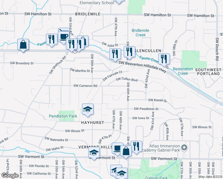 map of restaurants, bars, coffee shops, grocery stores, and more near 4652 Southwest Cameron Road in Portland