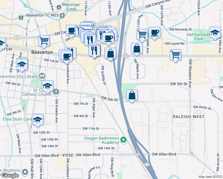 map of restaurants, bars, coffee shops, grocery stores, and more near 5050 Southwest Griffith Drive in Beaverton