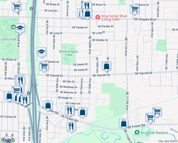 map of restaurants, bars, coffee shops, grocery stores, and more near 5411 Southeast 104th Avenue in Portland