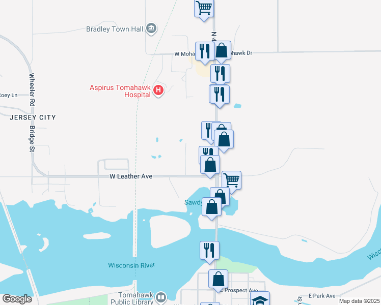map of restaurants, bars, coffee shops, grocery stores, and more near 1008 Timm Street in Tomahawk