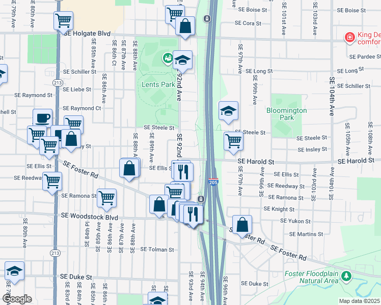 map of restaurants, bars, coffee shops, grocery stores, and more near 9305 Southeast Harold Street in Portland