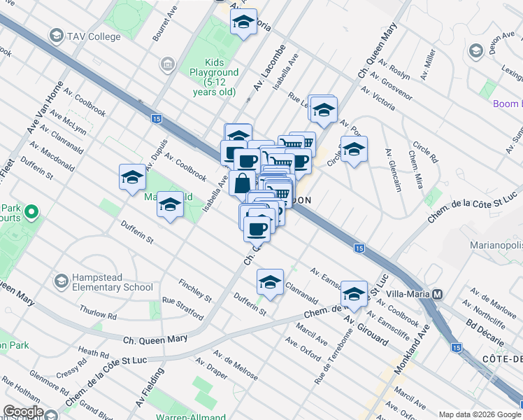 map of restaurants, bars, coffee shops, grocery stores, and more near 5155 Avenue Coolbrook in Montréal