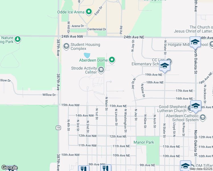 map of restaurants, bars, coffee shops, grocery stores, and more near 1928 North Main Street in Aberdeen