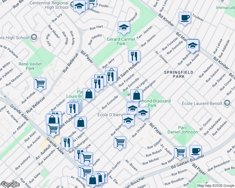 map of restaurants, bars, coffee shops, grocery stores, and more near 5000 Rue Domville in Longueuil