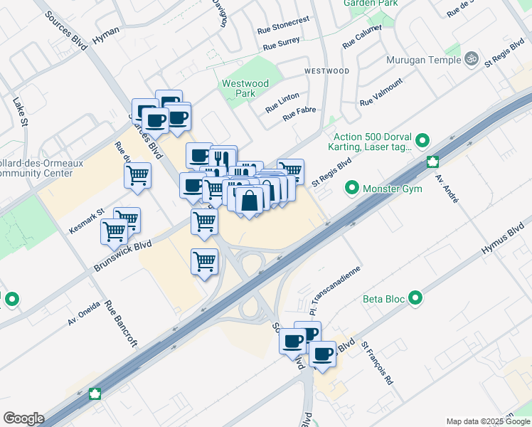 map of restaurants, bars, coffee shops, grocery stores, and more near in Dollard-Des Ormeaux