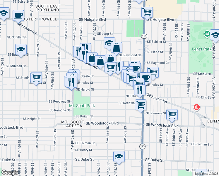 map of restaurants, bars, coffee shops, grocery stores, and more near 7620 Southeast Harold Street in Portland