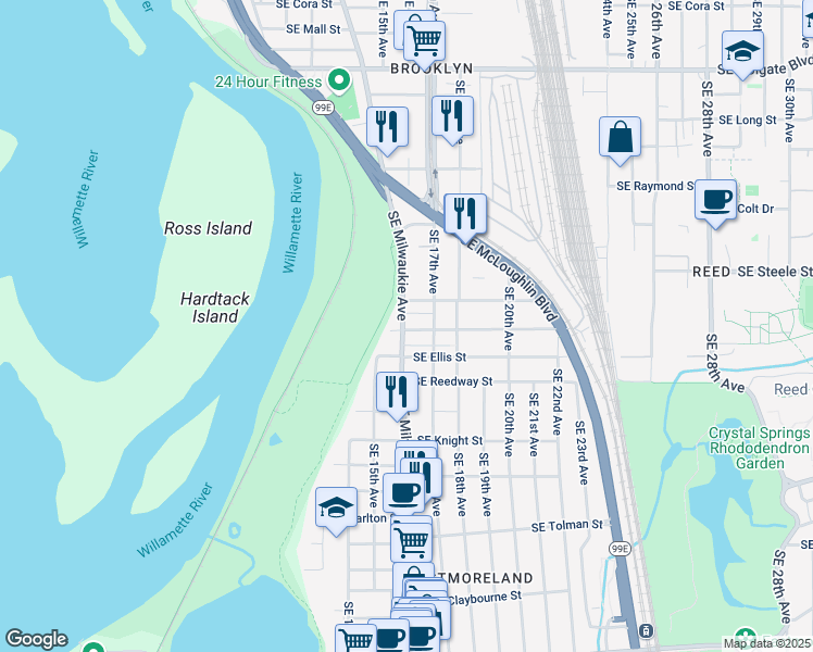 map of restaurants, bars, coffee shops, grocery stores, and more near 1624 Southeast Harold Street in Portland