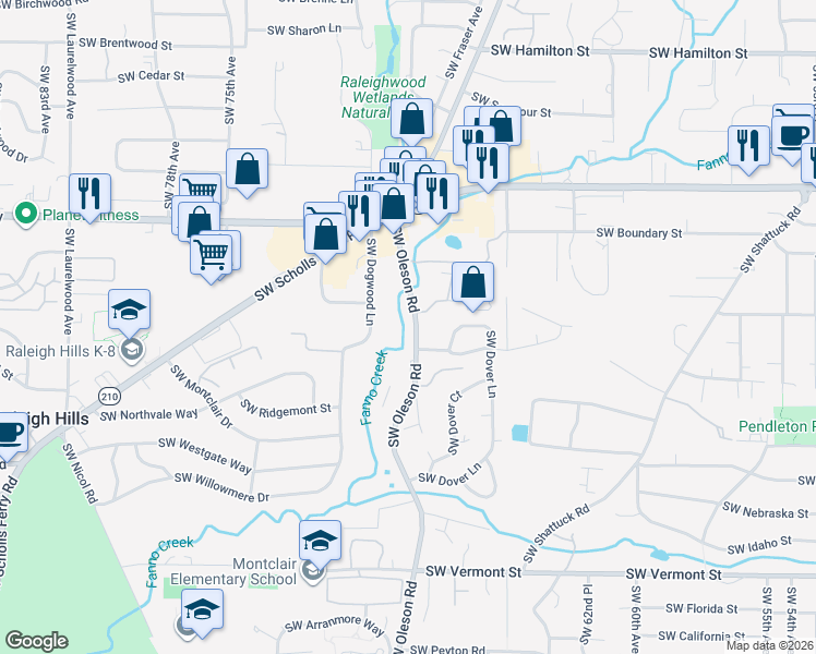 map of restaurants, bars, coffee shops, grocery stores, and more near 5121 Southwest Oleson Road in Portland