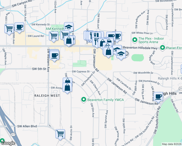 map of restaurants, bars, coffee shops, grocery stores, and more near 9470 Southwest Pinehurst Drive in Beaverton