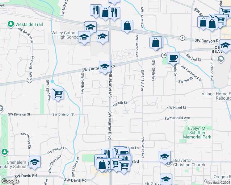 map of restaurants, bars, coffee shops, grocery stores, and more near 5185 Southwest Sherwood Place in Beaverton
