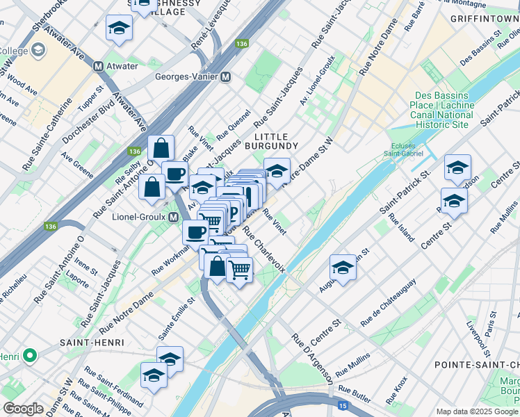 map of restaurants, bars, coffee shops, grocery stores, and more near in Montreal