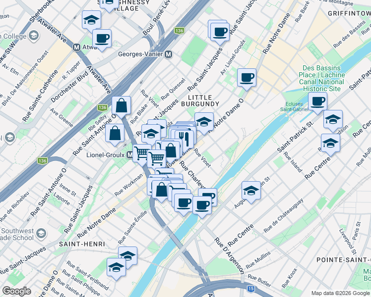 map of restaurants, bars, coffee shops, grocery stores, and more near 2469 Rue Notre-Dame Ouest in Montréal