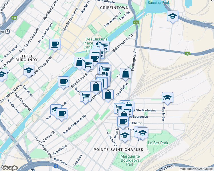 map of restaurants, bars, coffee shops, grocery stores, and more near 1767 Centre Street in Montreal