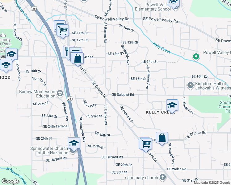 map of restaurants, bars, coffee shops, grocery stores, and more near 3977 Southeast Salquist Road in Gresham