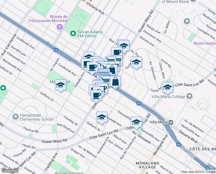 map of restaurants, bars, coffee shops, grocery stores, and more near 5308 Chemin Queen Mary in Montréal