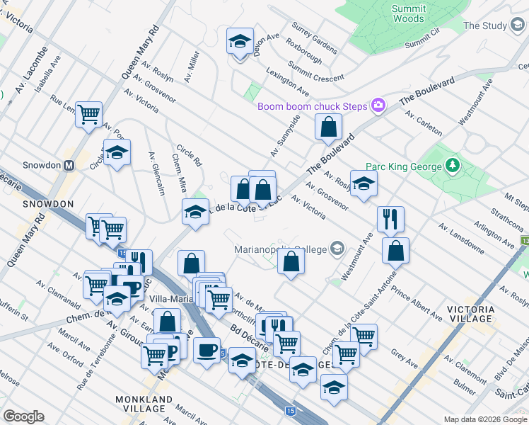 map of restaurants, bars, coffee shops, grocery stores, and more near 4850 Chemin de la Côte-Saint-Luc in Montréal