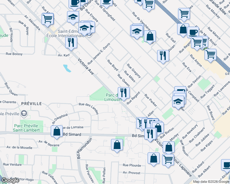 map of restaurants, bars, coffee shops, grocery stores, and more near 1758 Victoria Avenue in Longueuil