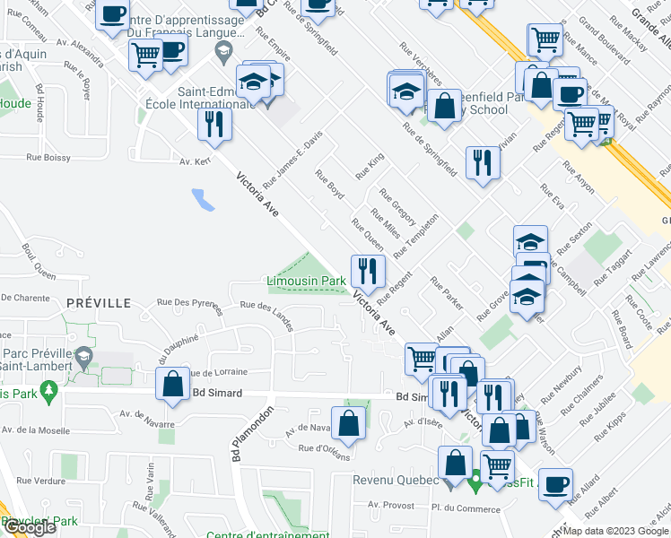 map of restaurants, bars, coffee shops, grocery stores, and more near 1754 Avenue Victoria in Longueuil