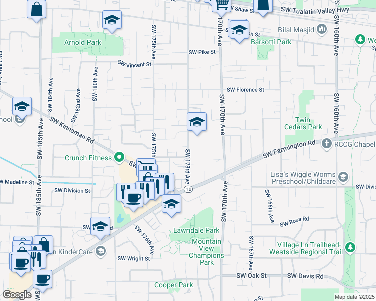 map of restaurants, bars, coffee shops, grocery stores, and more near 5000 Southwest 173rd Avenue in Beaverton