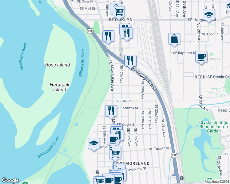 map of restaurants, bars, coffee shops, grocery stores, and more near 1624 Southeast Harold Street in Portland
