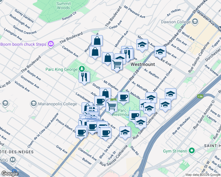 map of restaurants, bars, coffee shops, grocery stores, and more near in Westmount