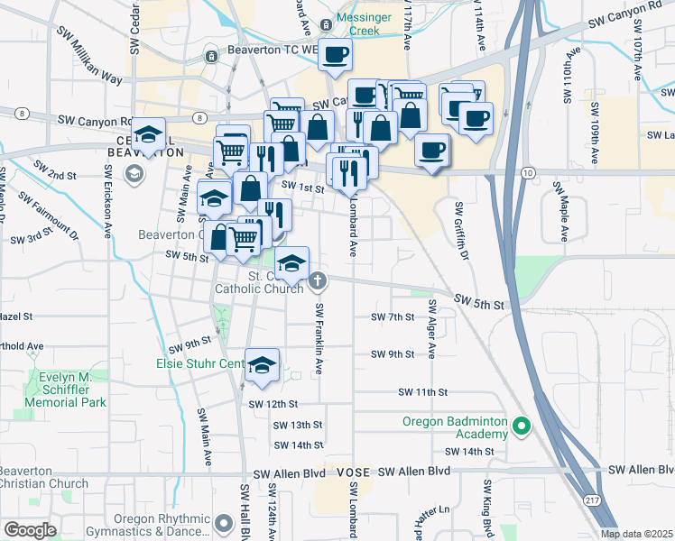 map of restaurants, bars, coffee shops, grocery stores, and more near 12025 Southwest 5th Street in Beaverton