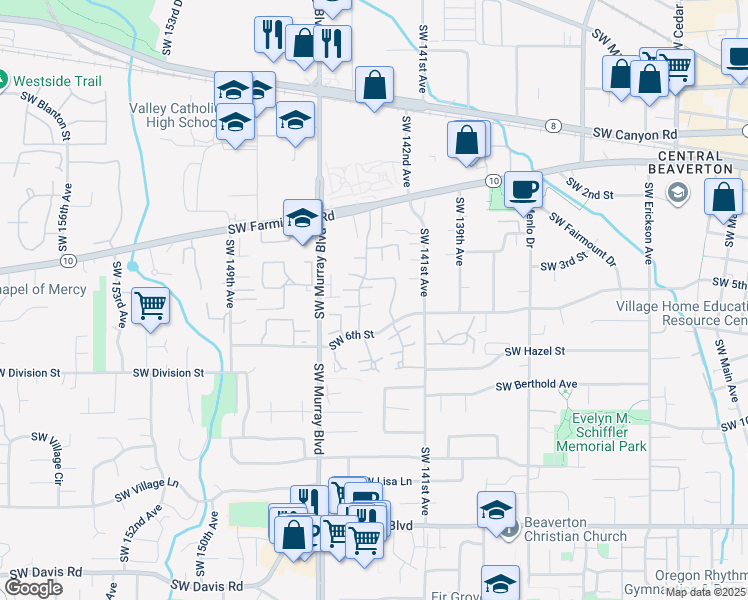 map of restaurants, bars, coffee shops, grocery stores, and more near 5040 Southwest Normandy Place in Beaverton