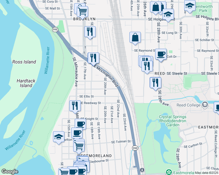 map of restaurants, bars, coffee shops, grocery stores, and more near 2027 Southeast Harold Street in Portland