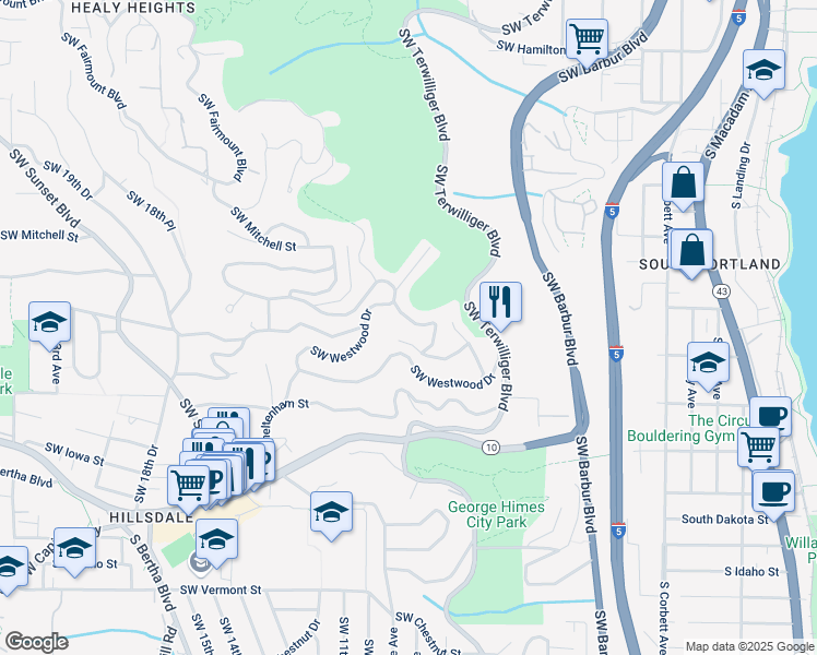 map of restaurants, bars, coffee shops, grocery stores, and more near 5566 Southwest Menefee Drive in Portland