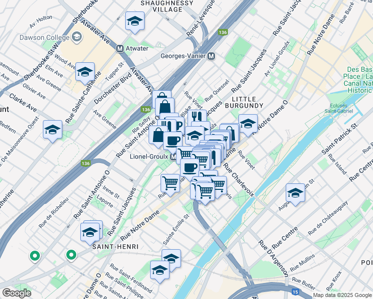 map of restaurants, bars, coffee shops, grocery stores, and more near 2638 Avenue Lionel Groulx in Montréal