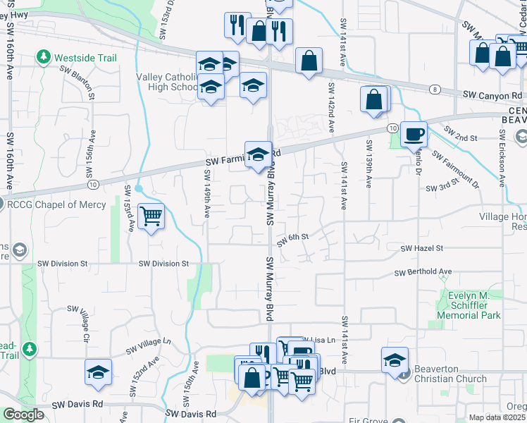 map of restaurants, bars, coffee shops, grocery stores, and more near 5005 Southwest Murray Boulevard in Beaverton