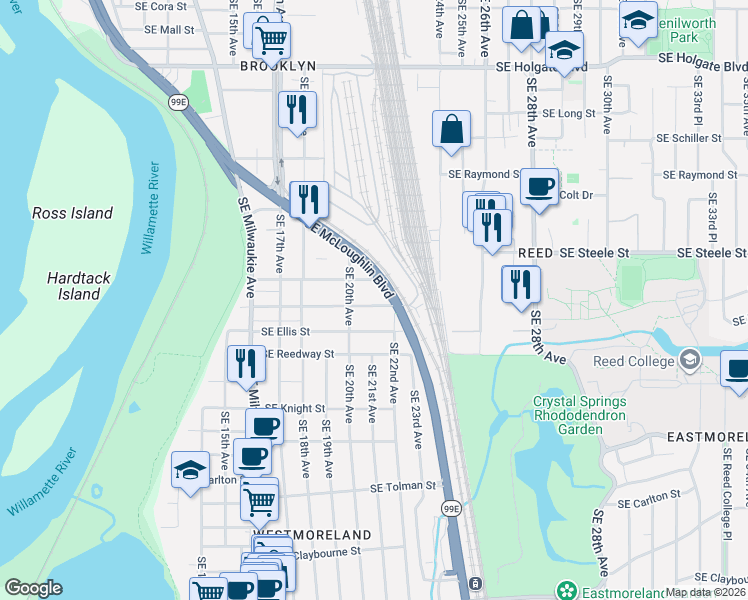 map of restaurants, bars, coffee shops, grocery stores, and more near 2081 Southeast Harold Street in Portland