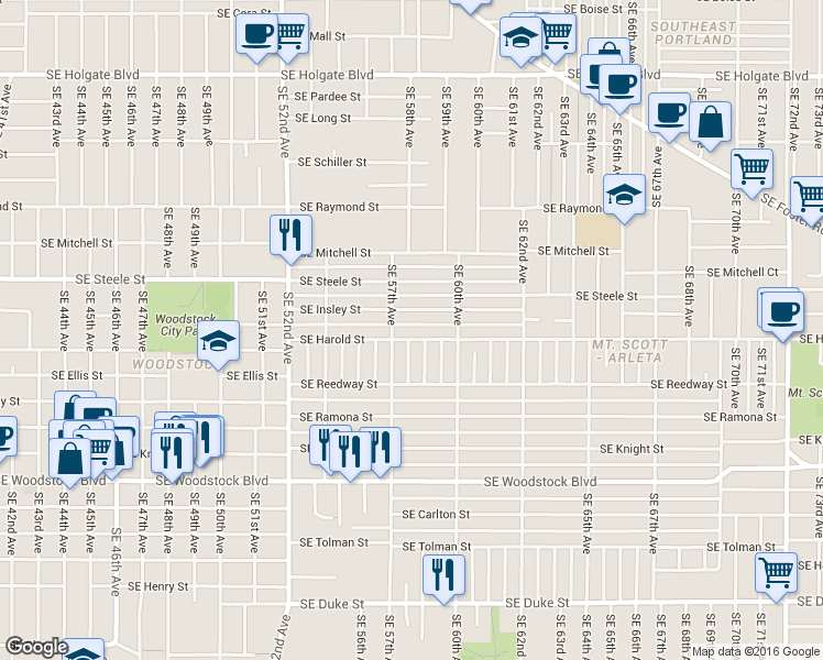 map of restaurants, bars, coffee shops, grocery stores, and more near 5737 Southeast Harold Street in Portland