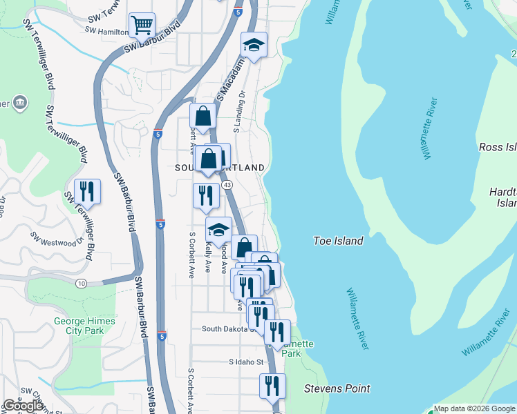 map of restaurants, bars, coffee shops, grocery stores, and more near 5606 South Riverside Lane in Portland