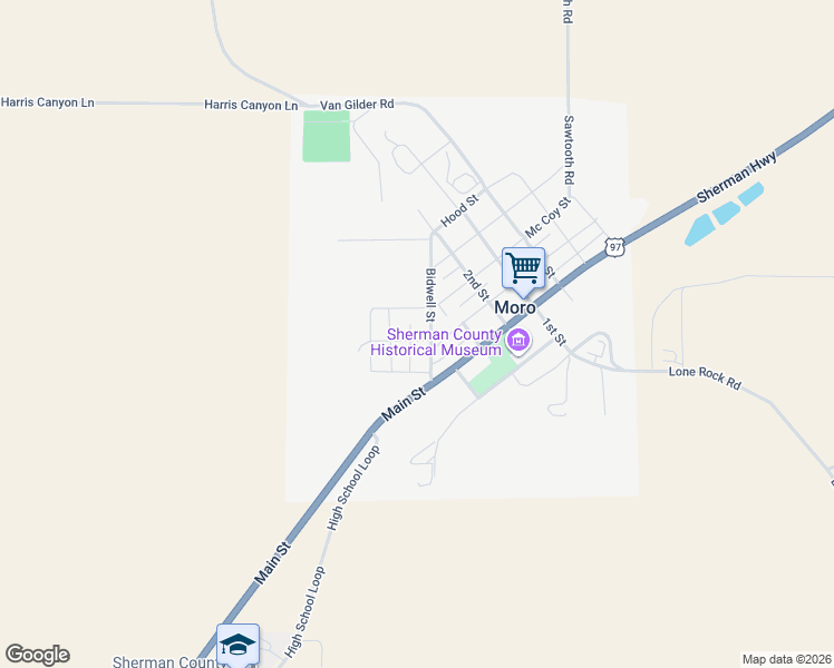 map of restaurants, bars, coffee shops, grocery stores, and more near 400 Lincoln Street in Moro