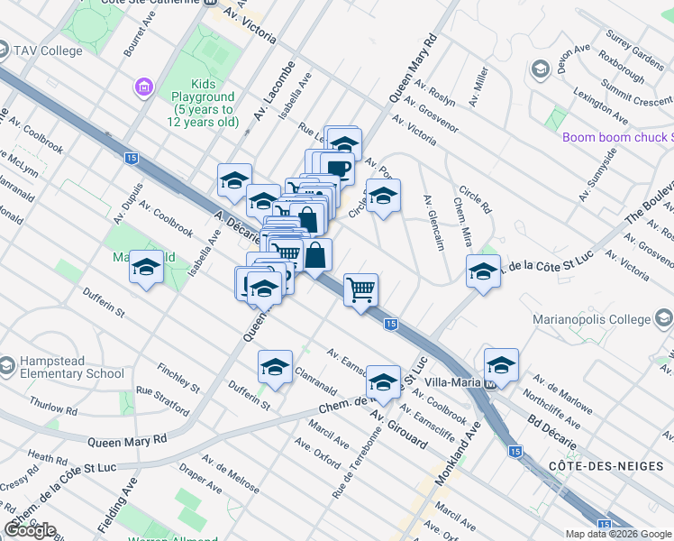 map of restaurants, bars, coffee shops, grocery stores, and more near 5256 Rue Byron in Montreal
