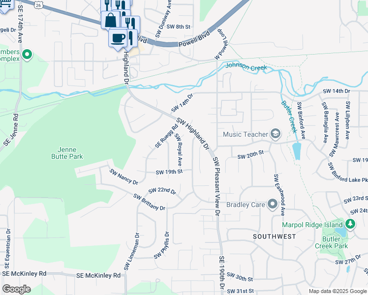 map of restaurants, bars, coffee shops, grocery stores, and more near 1726 Southwest Royal Avenue in Gresham