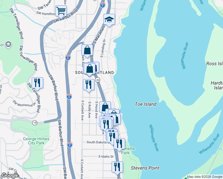 map of restaurants, bars, coffee shops, grocery stores, and more near 5606 South Riverside Lane in Portland