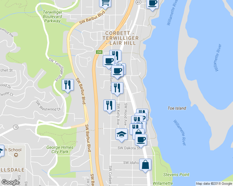 map of restaurants, bars, coffee shops, grocery stores, and more near 5603 South Kelly Avenue in Portland
