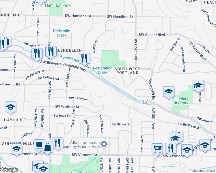 map of restaurants, bars, coffee shops, grocery stores, and more near 3635 Southwest Cullen Boulevard in Portland