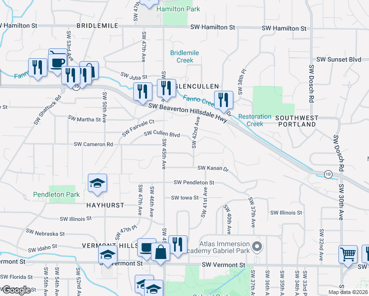 map of restaurants, bars, coffee shops, grocery stores, and more near 5615 Southwest 42nd Avenue in Portland