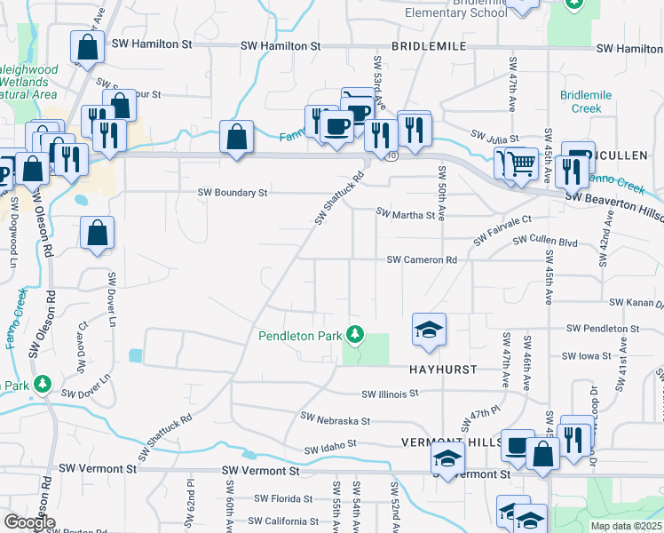 map of restaurants, bars, coffee shops, grocery stores, and more near 5703 Southwest 54th Avenue in Portland