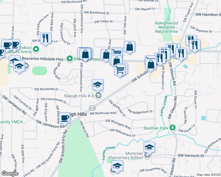 map of restaurants, bars, coffee shops, grocery stores, and more near 5145 Oregon 210 in Portland