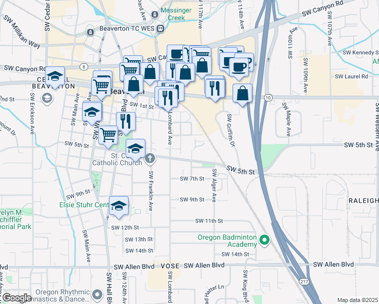 map of restaurants, bars, coffee shops, grocery stores, and more near 11825 Southwest 5th Street in Beaverton