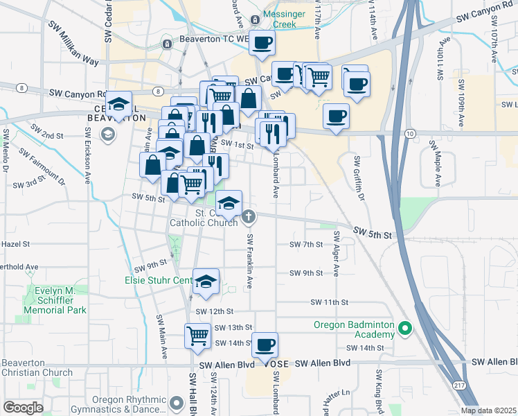 map of restaurants, bars, coffee shops, grocery stores, and more near 12150 Southwest 5th Street in Beaverton